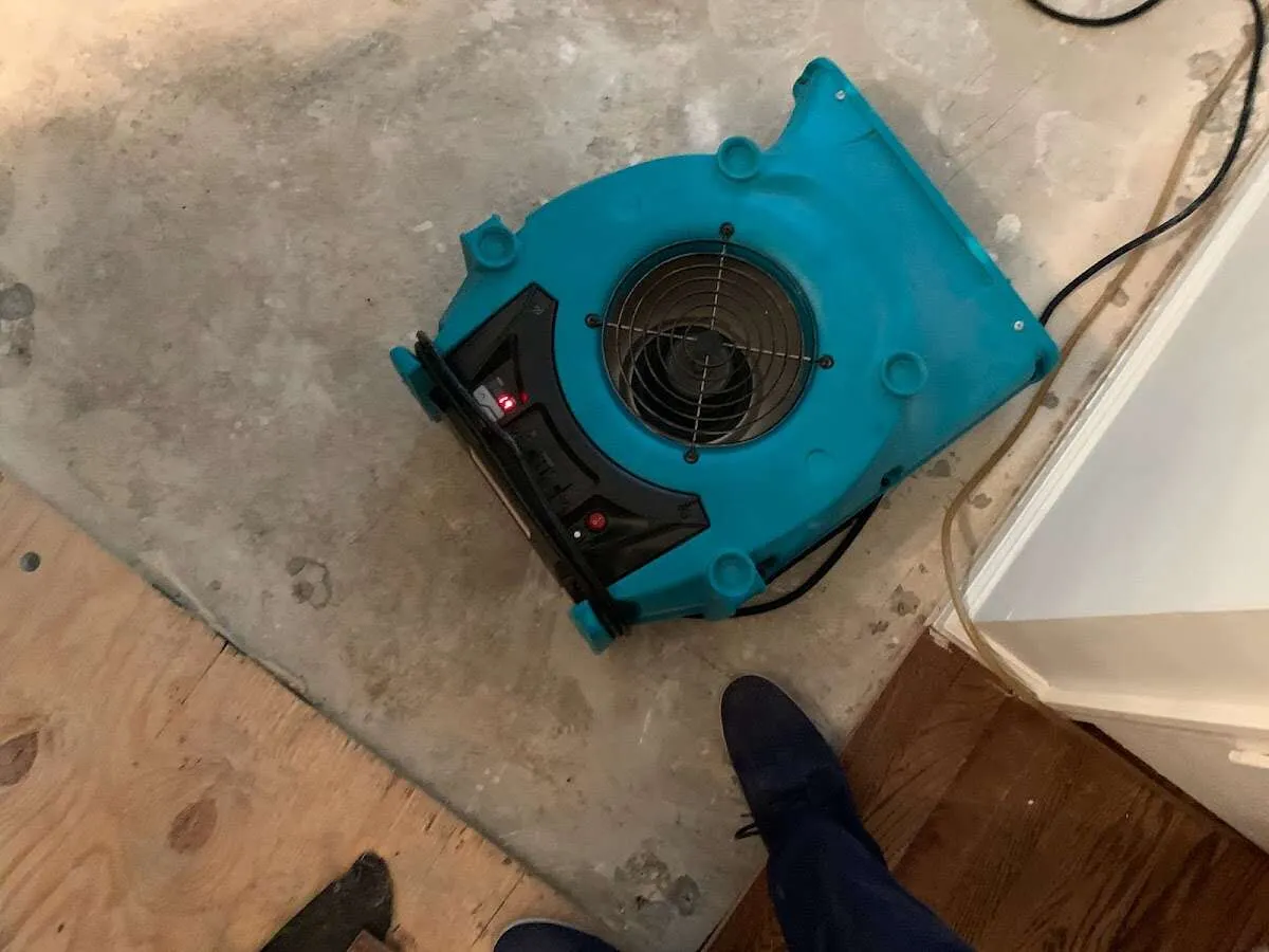 Air mover drying subfloor during Commercial Water Damage Restoration in Freeport